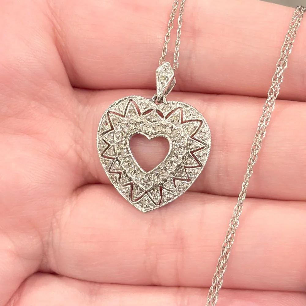 10K Diamond Heart Necklace, Dainty Filigree, Lavalier Style, White Gold, ADL - Picture 8 of 12